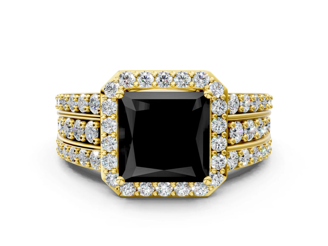 Yellow gold Fancy Black Princess Cut Halo Diamond Ring with Split Shank and Four-Prong Setting