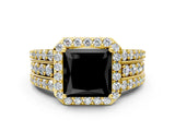 Yellow gold Fancy Black Princess Cut Halo Diamond Ring with Split Shank and Four-Prong Setting