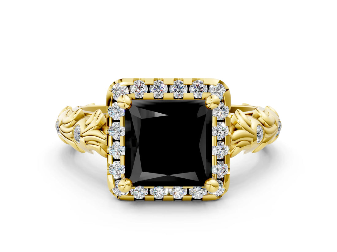 Yellow gold Fancy Black Princess Cut Halo Diamond Solitaire with Filigree Band and Four-Prong Setting_12