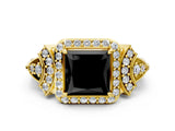 Yellow gold Fancy Black Princess Cut Halo Diamond Split Shank Engagement Ring with Four-Prong Setting