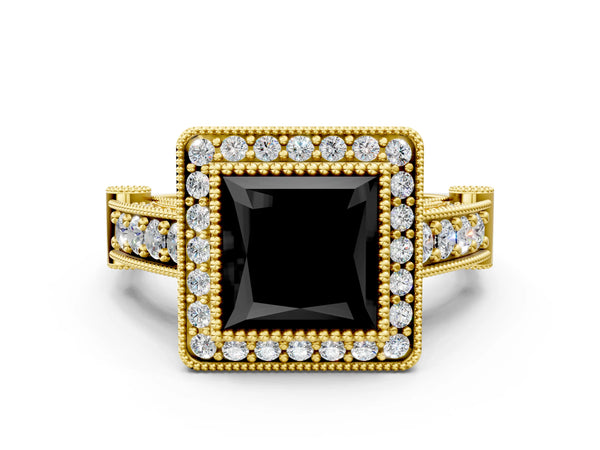 Yellow Gold Princess Cut Vintage Bezel Halo Engagement Ring Setting for Black Center