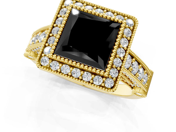 Yellow Gold Princess Cut Vintage Bezel Halo Engagement Ring Setting for Black Center
