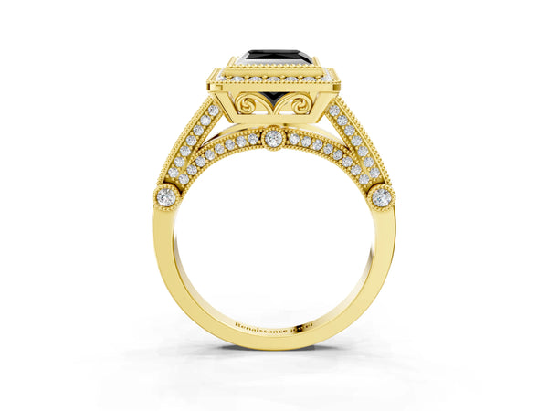 Yellow Gold Princess Cut Vintage Bezel Halo Engagement Ring Setting for Black Center