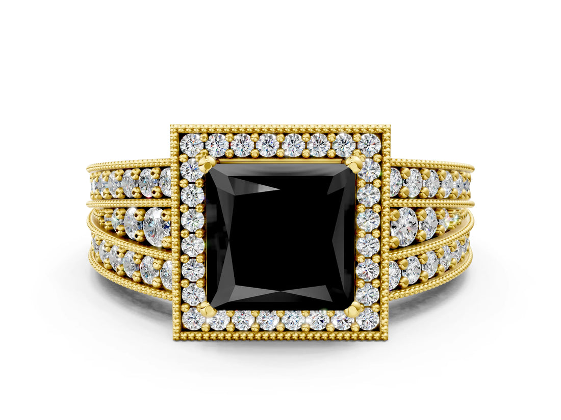 Yellow gold Fancy Black Princess Cut Halo Diamond Split Shank Ring with Prong Setting