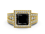 Yellow gold Fancy Black Princess Cut Halo Diamond Split Shank Ring with Prong Setting