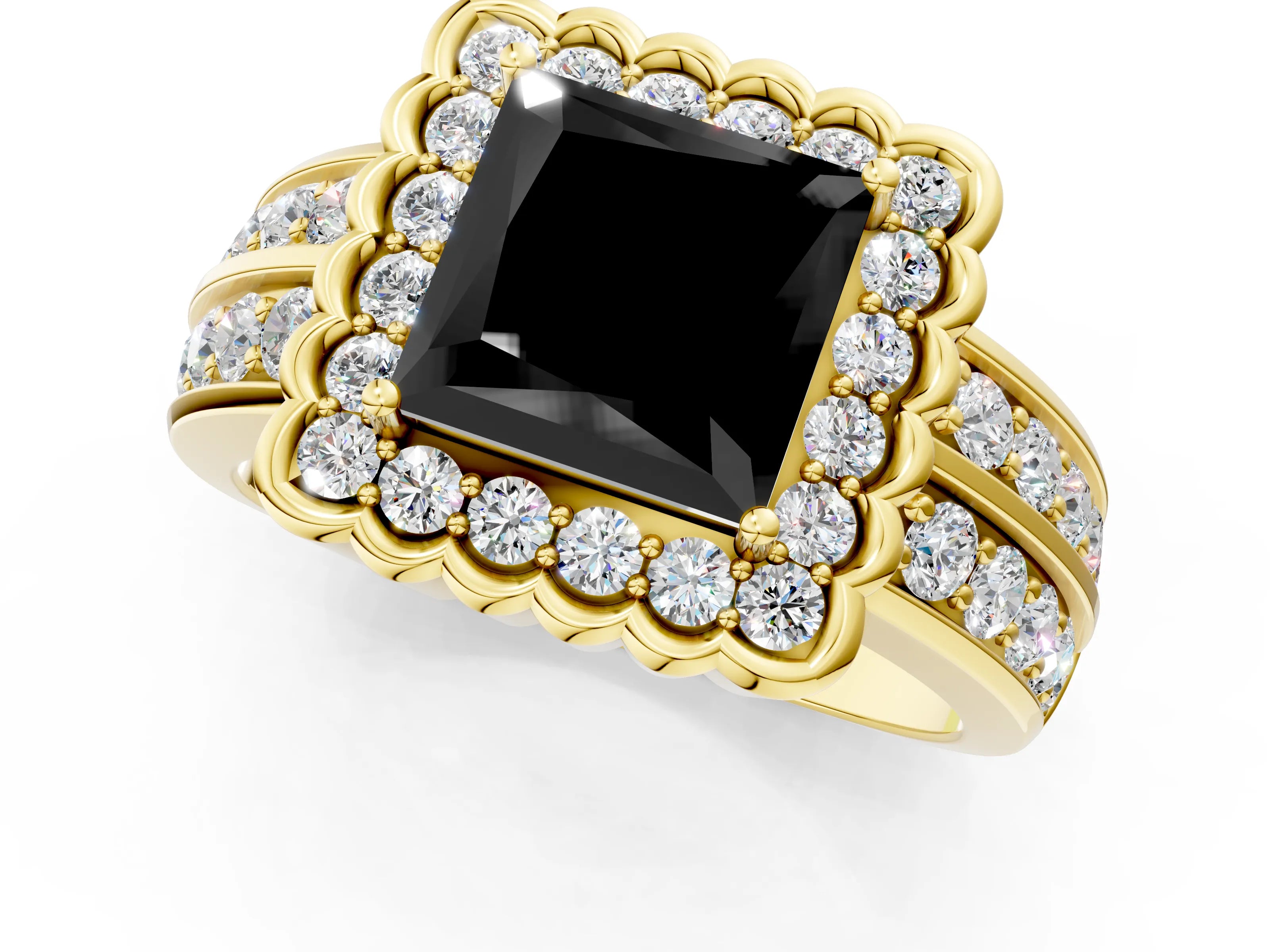 Yellow gold Fancy Black Princess Cut Halo Diamond Split Shank Ring with Scalloped Prong Setting_1