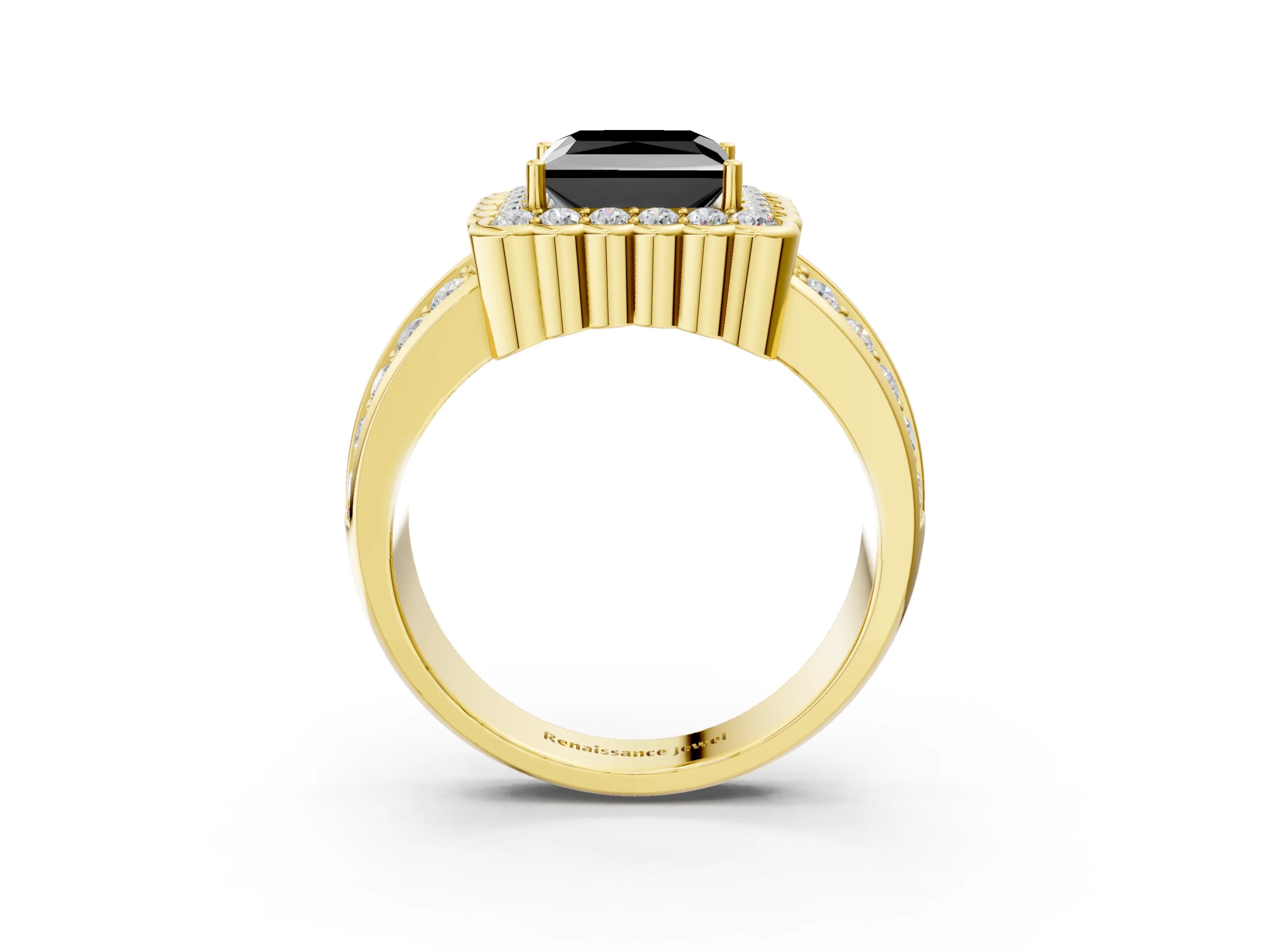 Yellow gold Fancy Black Princess Cut Halo Diamond Split Shank Ring with Scalloped Prong Setting_3