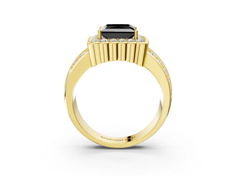 Yellow gold Fancy Black Princess Cut Halo Diamond Split Shank Ring with Scalloped Prong Setting_3