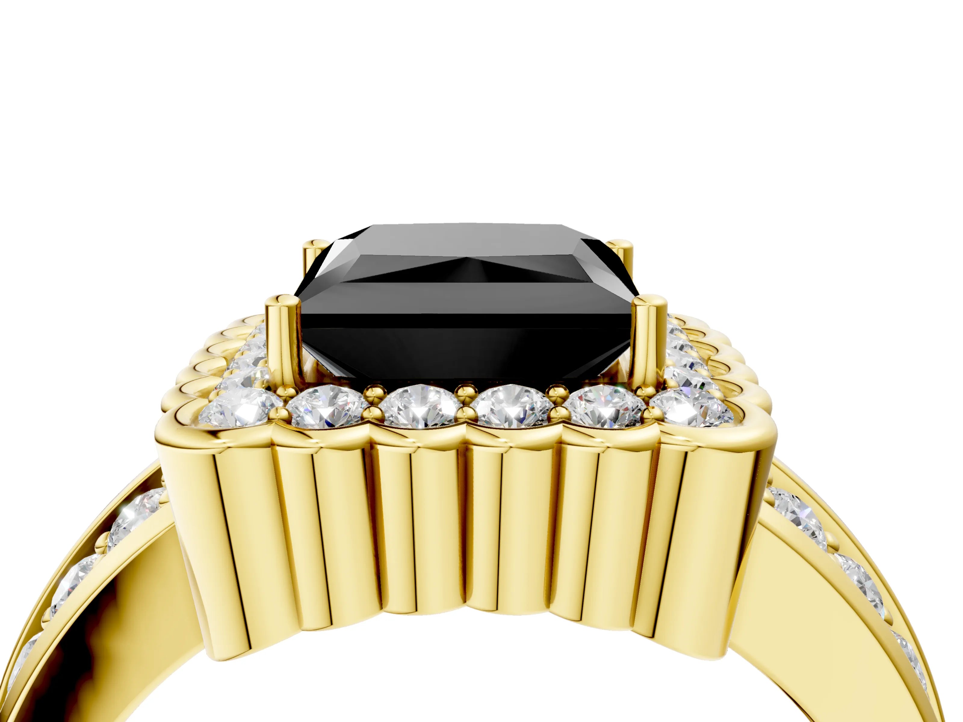 Yellow gold Fancy Black Princess Cut Halo Diamond Split Shank Ring with Scalloped Prong Setting_4