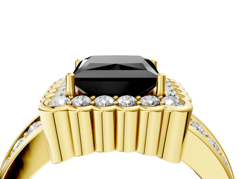 Yellow gold Fancy Black Princess Cut Halo Diamond Split Shank Ring with Scalloped Prong Setting_4