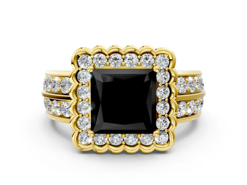 Yellow gold Fancy Black Princess Cut Halo Diamond Split Shank Ring with Scalloped Prong Setting
