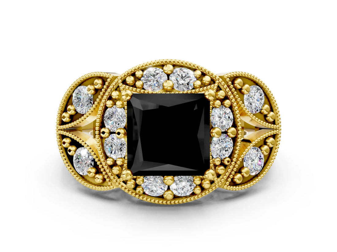 Yellow gold Fancy Black Princess Cut Halo Milgrain Diamond Engagement Ring with Leaf Band and Four-Prong Setting