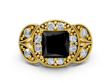 Yellow gold Fancy Black Princess Cut Halo Milgrain Diamond Engagement Ring with Leaf Band and Four-Prong Setting