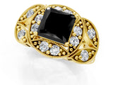 Yellow gold Fancy Black Princess Cut Halo Milgrain Diamond Engagement Ring with Leaf Band and Four-Prong Setting_1
