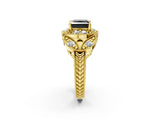 Yellow gold Fancy Black Princess Cut Halo Milgrain Diamond Engagement Ring with Leaf Band and Four-Prong Setting_2