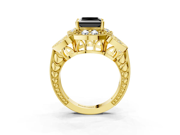 Yellow gold Fancy Black Princess Cut Halo Milgrain Diamond Engagement Ring with Leaf Band and Four-Prong Setting
