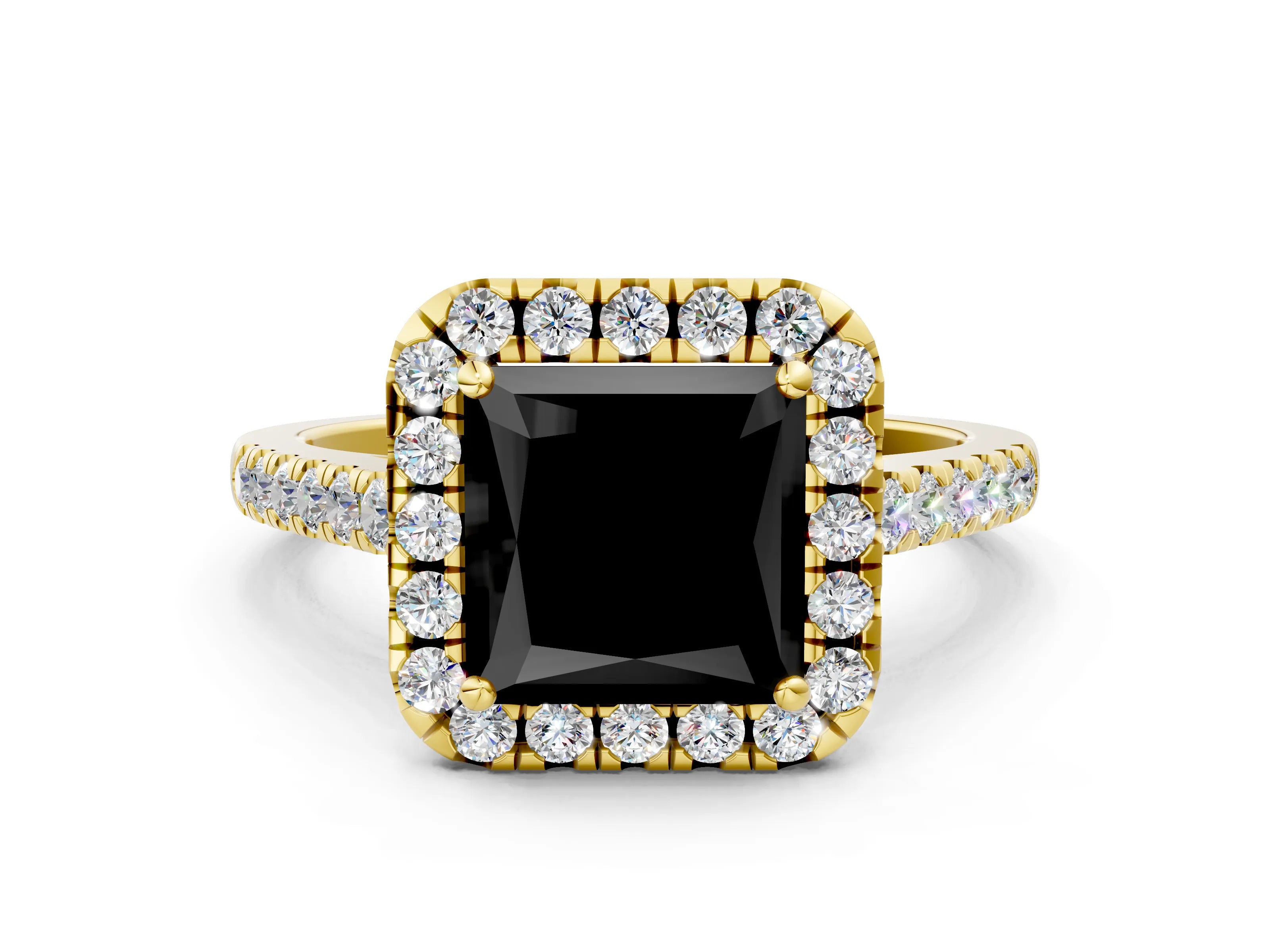 Yellow gold Fancy Black Princess Cut Halo Pave Diamond Engagement Ring with Four-Prong Setting