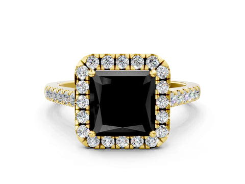 Yellow gold Fancy Black Princess Cut Halo Pave Diamond Engagement Ring with Four-Prong Setting