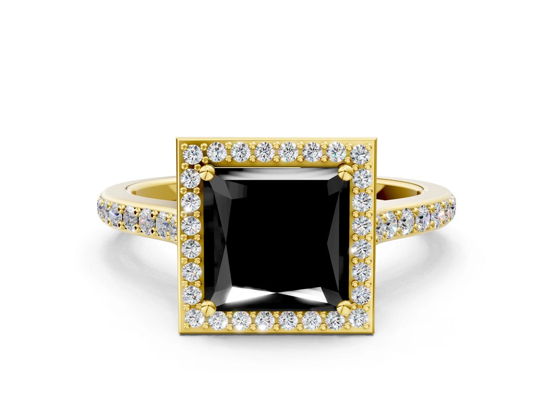 Yellow gold Fancy Black Princess Cut Halo Round Diamond Pavé Band with Four-Prong Setting_3