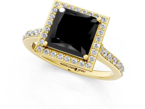 Yellow gold Fancy Black Princess Cut Halo Round Diamond Pavé Band with Four-Prong Setting_4