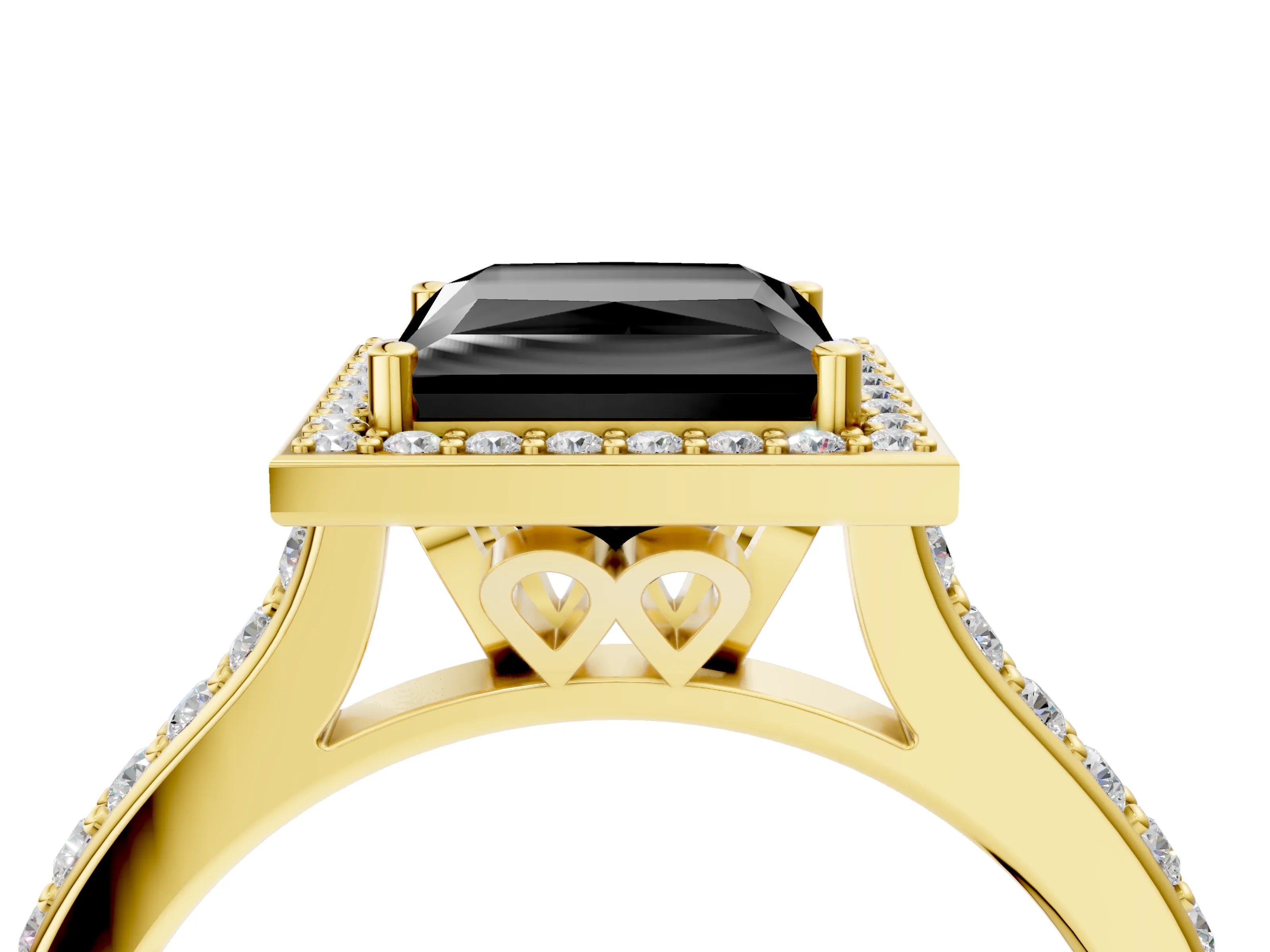 Yellow gold Fancy Black Princess Cut Halo Round Diamond Pavé Band with Four-Prong Setting_7