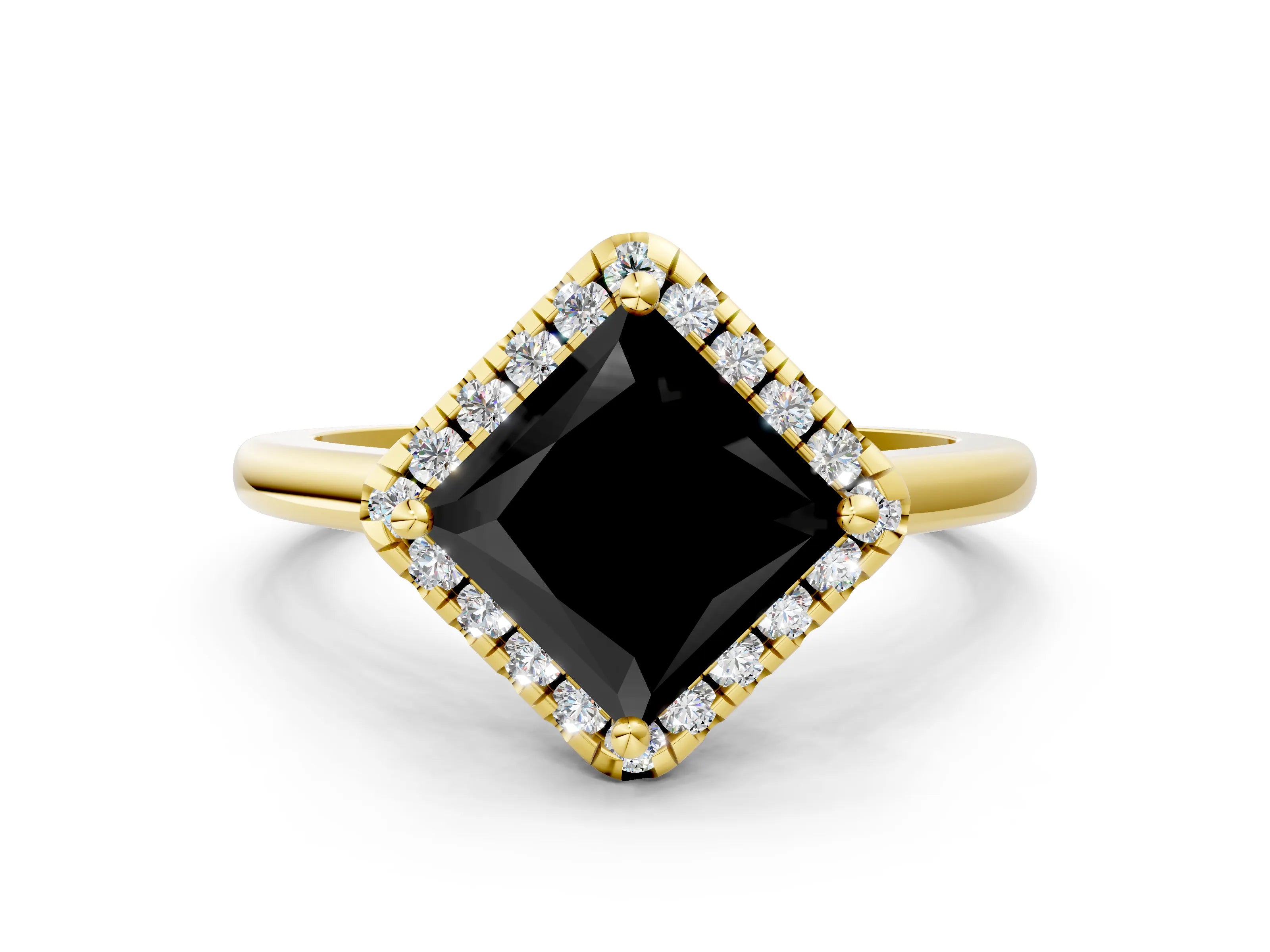 Yellow gold Fancy Black Princess Cut Halo Round Diamond Solitaire Engagement Ring with Pave Band and Four-Prong Setting_12