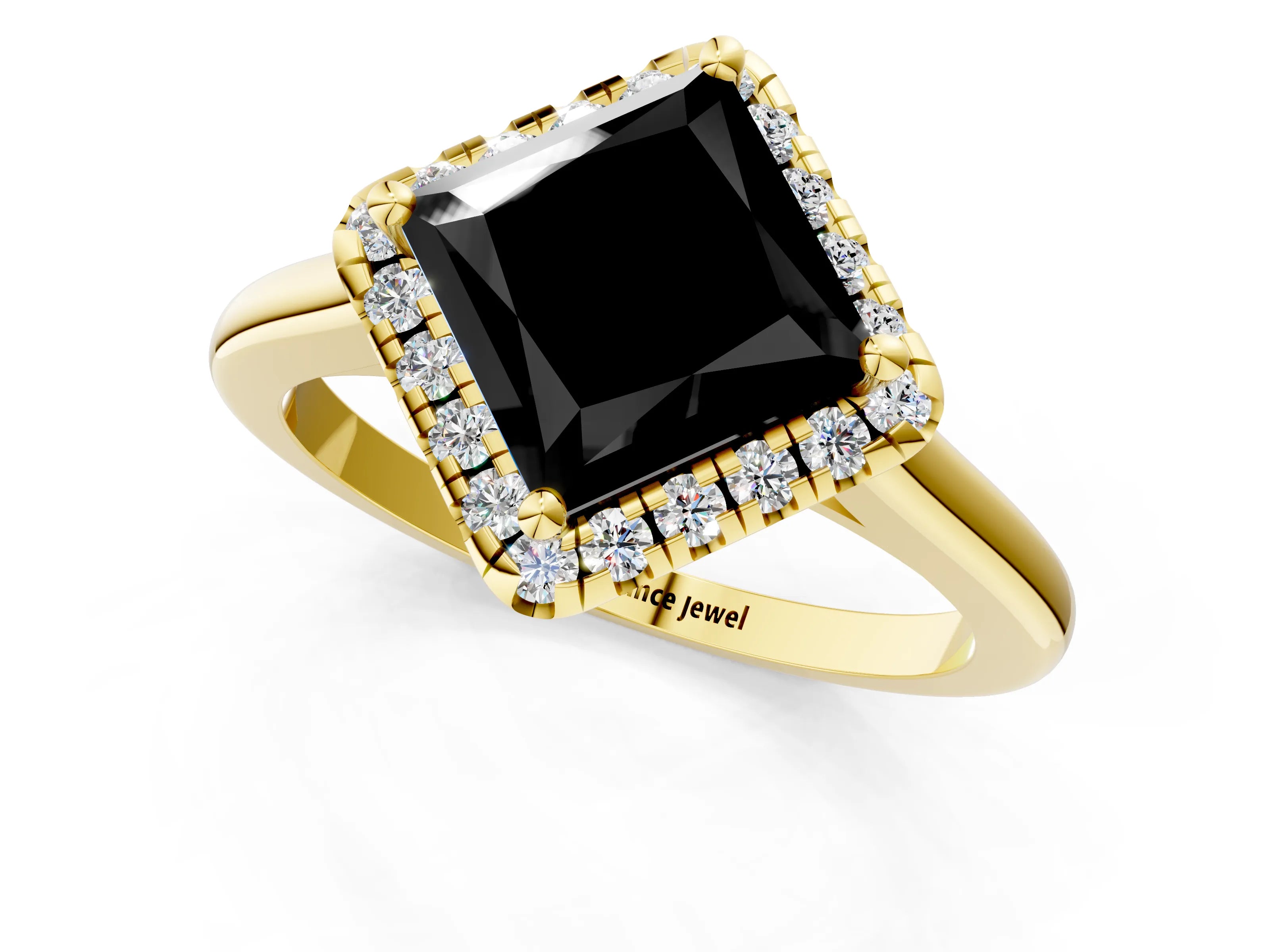 Yellow gold Fancy Black Princess Cut Halo Round Diamond Solitaire Engagement Ring with Pave Band and Four-Prong Setting_13
