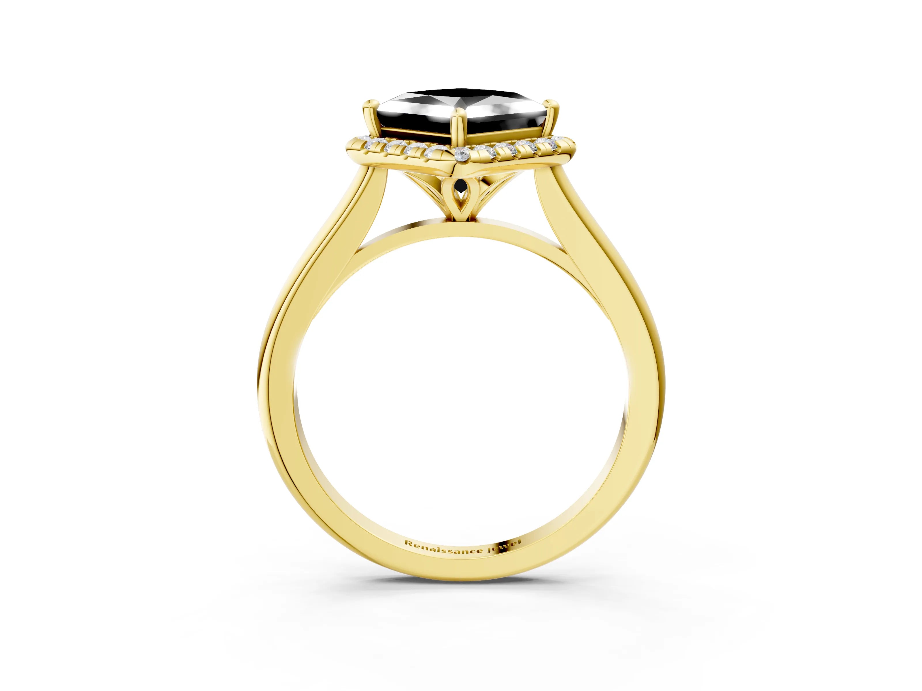 Yellow gold Fancy Black Princess Cut Halo Round Diamond Solitaire Engagement Ring with Pave Band and Four-Prong Setting_15