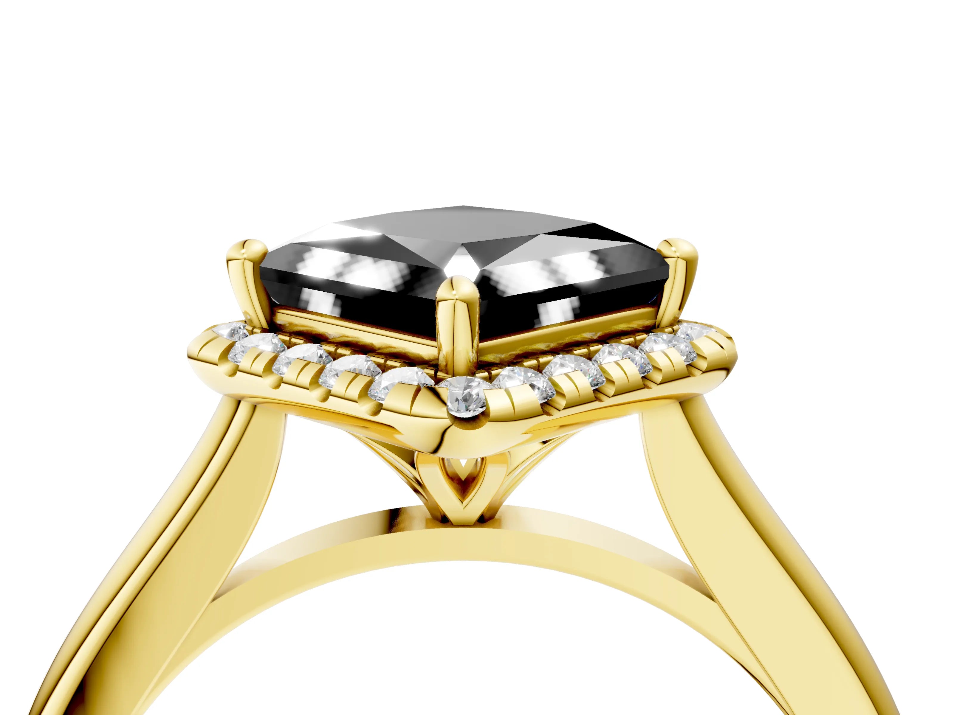 Yellow gold Fancy Black Princess Cut Halo Round Diamond Solitaire Engagement Ring with Pave Band and Four-Prong Setting_16