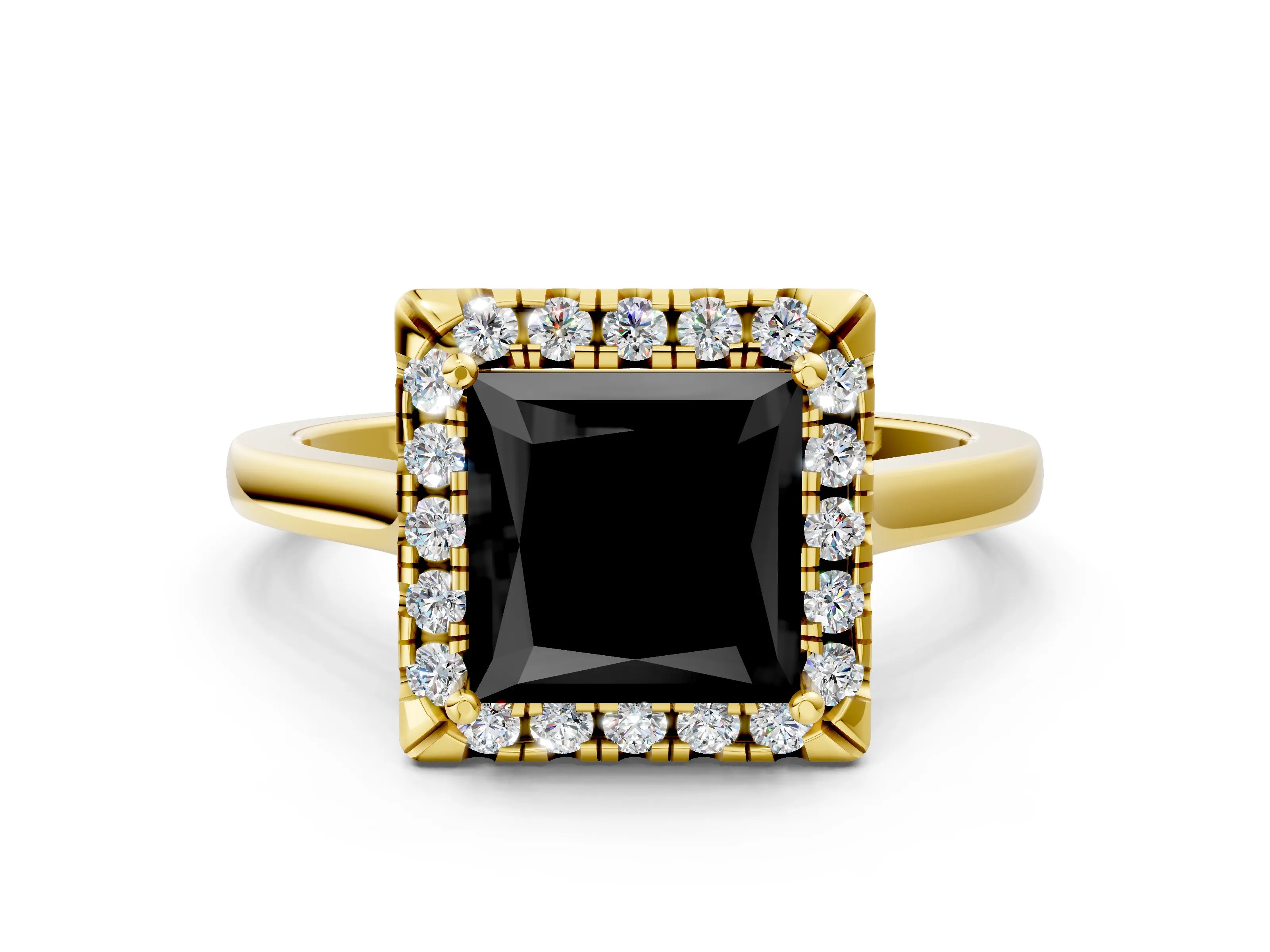 Yellow gold Fancy Black Princess Cut Halo Round Diamond Solitaire Ring with Pavé Band and Four-Prong Setting_13
