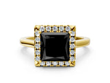 Yellow gold Fancy Black Princess Cut Halo Round Diamond Solitaire Ring with Pavé Band and Four-Prong Setting_13