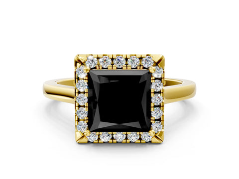 Yellow gold Fancy Black Princess Cut Halo Round Diamond Solitaire Ring with Pavé Band and Four-Prong Setting_13