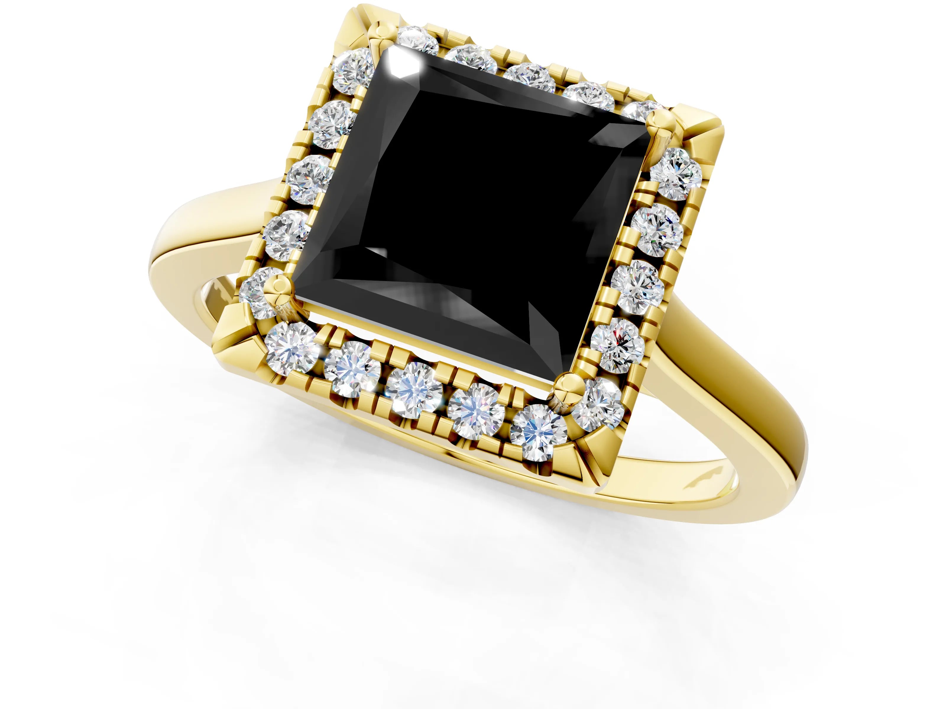 Yellow gold Fancy Black Princess Cut Halo Round Diamond Solitaire Ring with Pavé Band and Four-Prong Setting_14