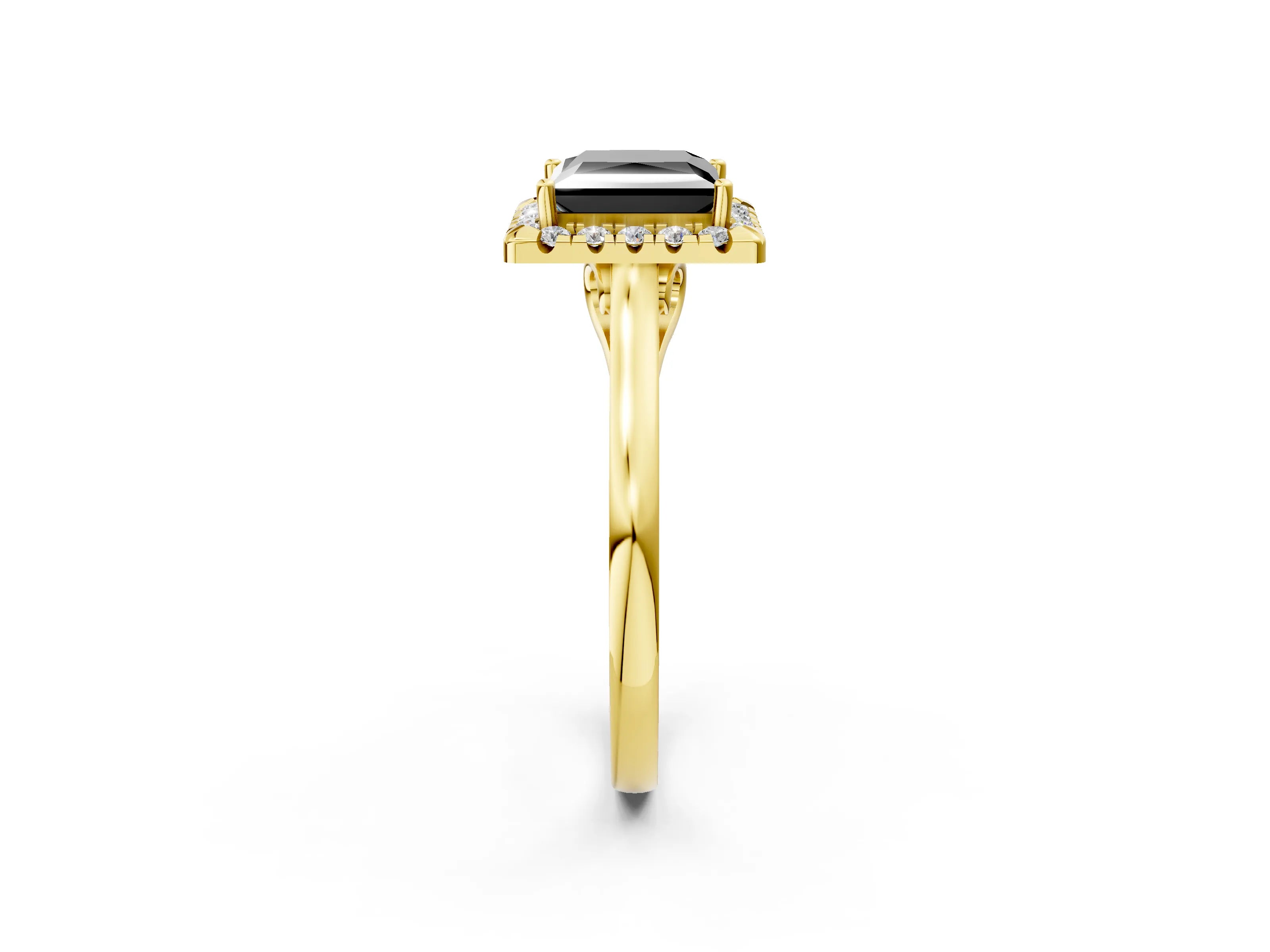 Yellow gold Fancy Black Princess Cut Halo Round Diamond Solitaire Ring with Pavé Band and Four-Prong Setting_15