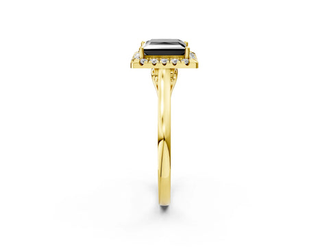 Yellow gold Fancy Black Princess Cut Halo Round Diamond Solitaire Ring with Pavé Band and Four-Prong Setting_15
