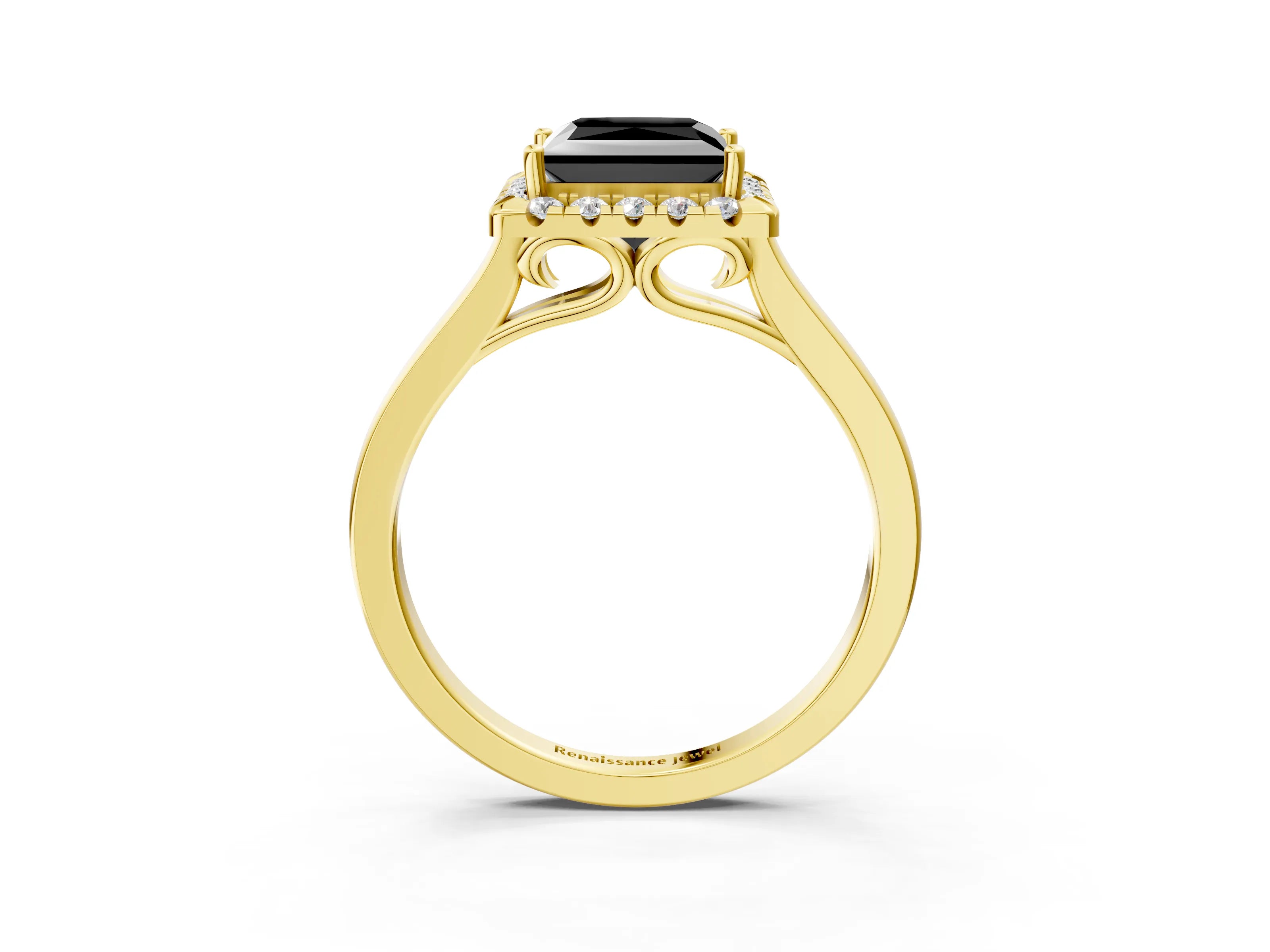 Yellow gold Fancy Black Princess Cut Halo Round Diamond Solitaire Ring with Pavé Band and Four-Prong Setting_16