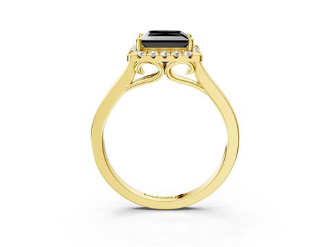 Yellow gold Fancy Black Princess Cut Halo Round Diamond Solitaire Ring with Pavé Band and Four-Prong Setting_16