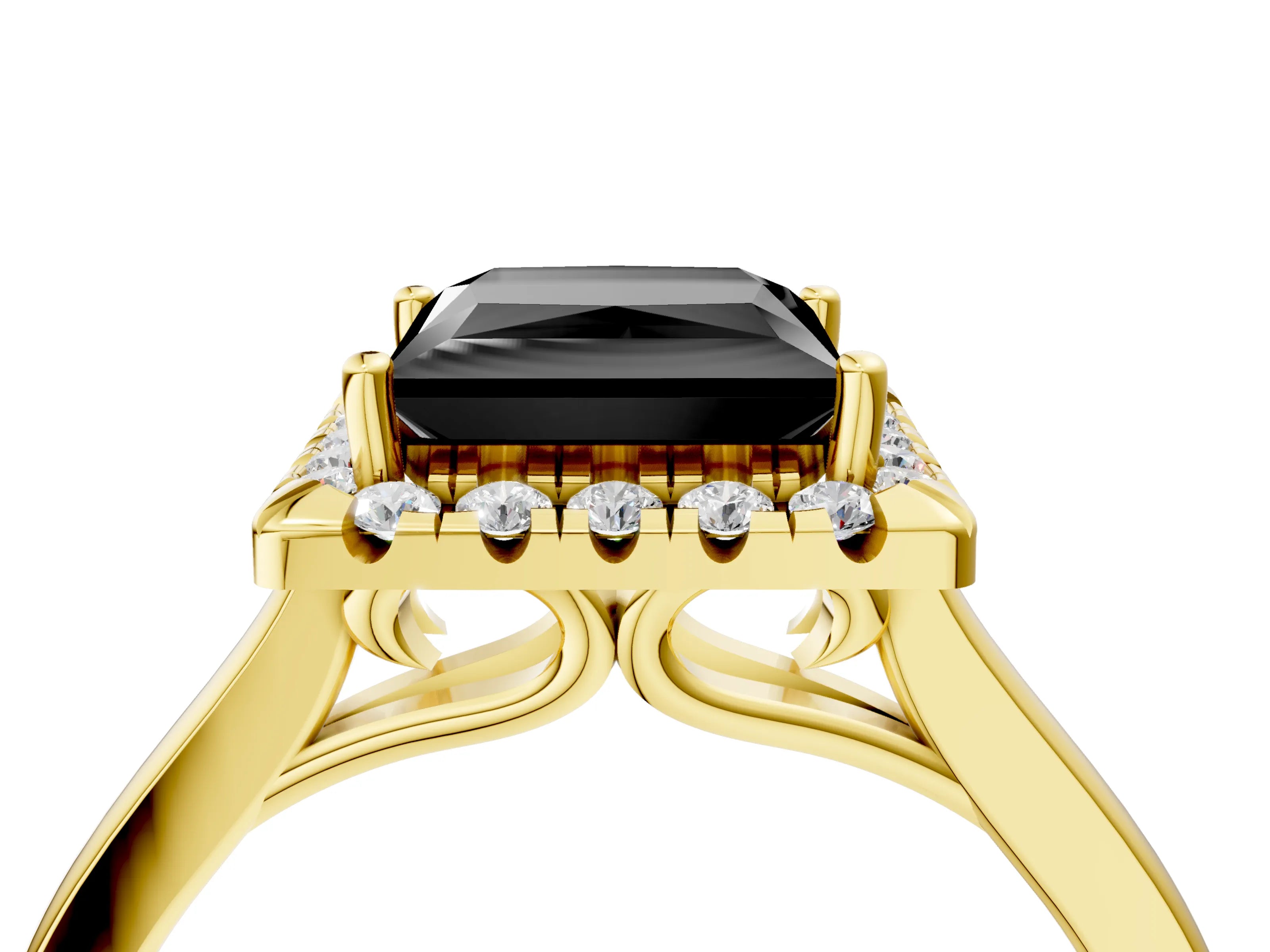 Yellow gold Fancy Black Princess Cut Halo Round Diamond Solitaire Ring with Pavé Band and Four-Prong Setting_17