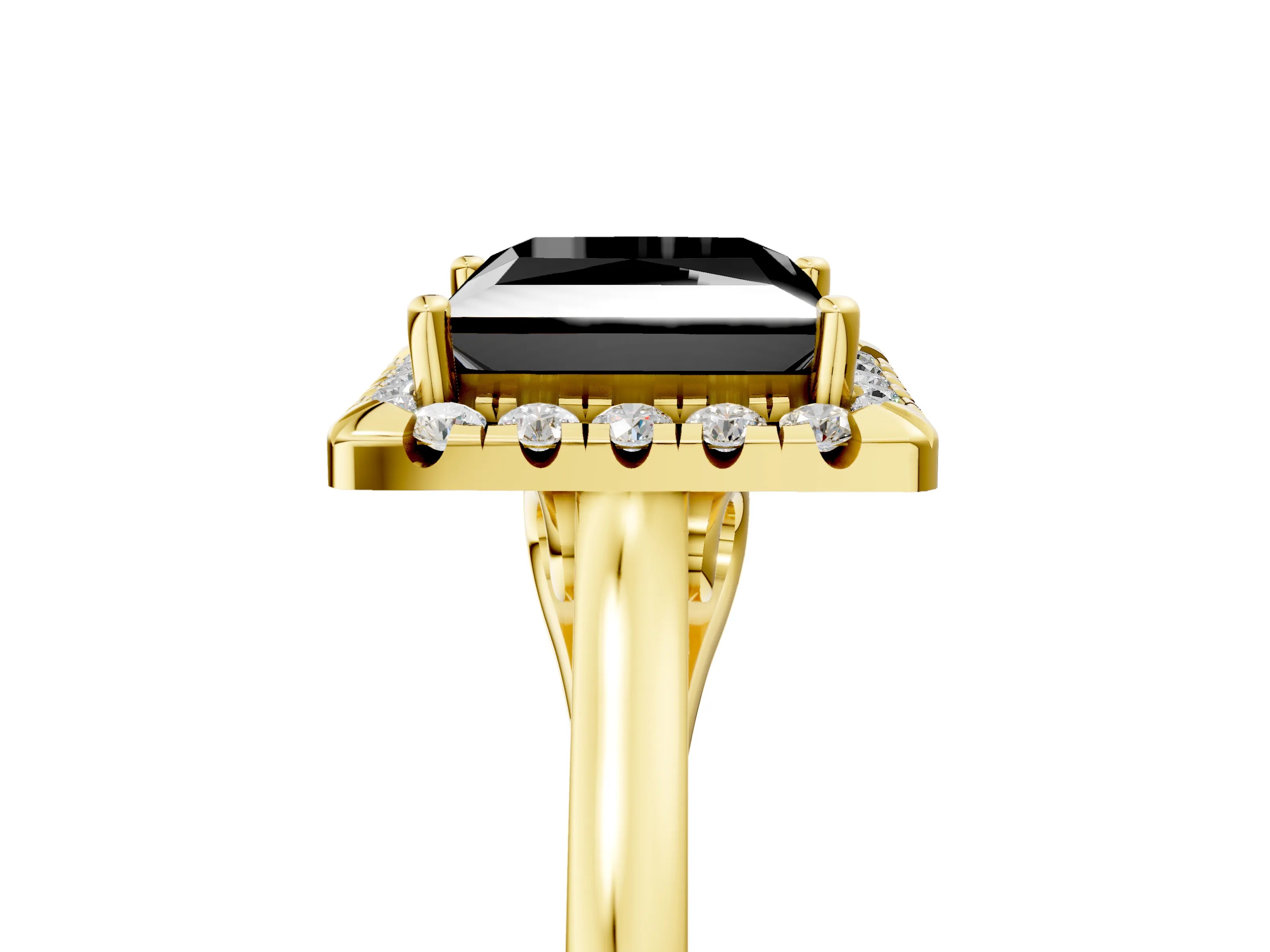Yellow gold Fancy Black Princess Cut Halo Round Diamond Solitaire Ring with Pavé Band and Four-Prong Setting_18