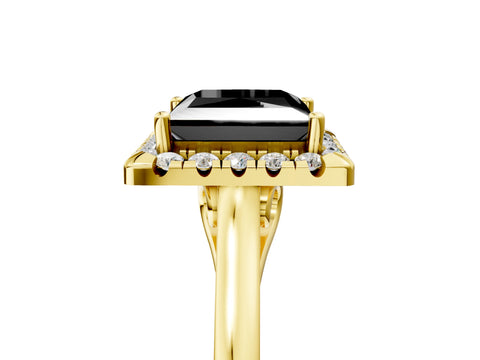 Yellow gold Fancy Black Princess Cut Halo Round Diamond Solitaire Ring with Pavé Band and Four-Prong Setting_18