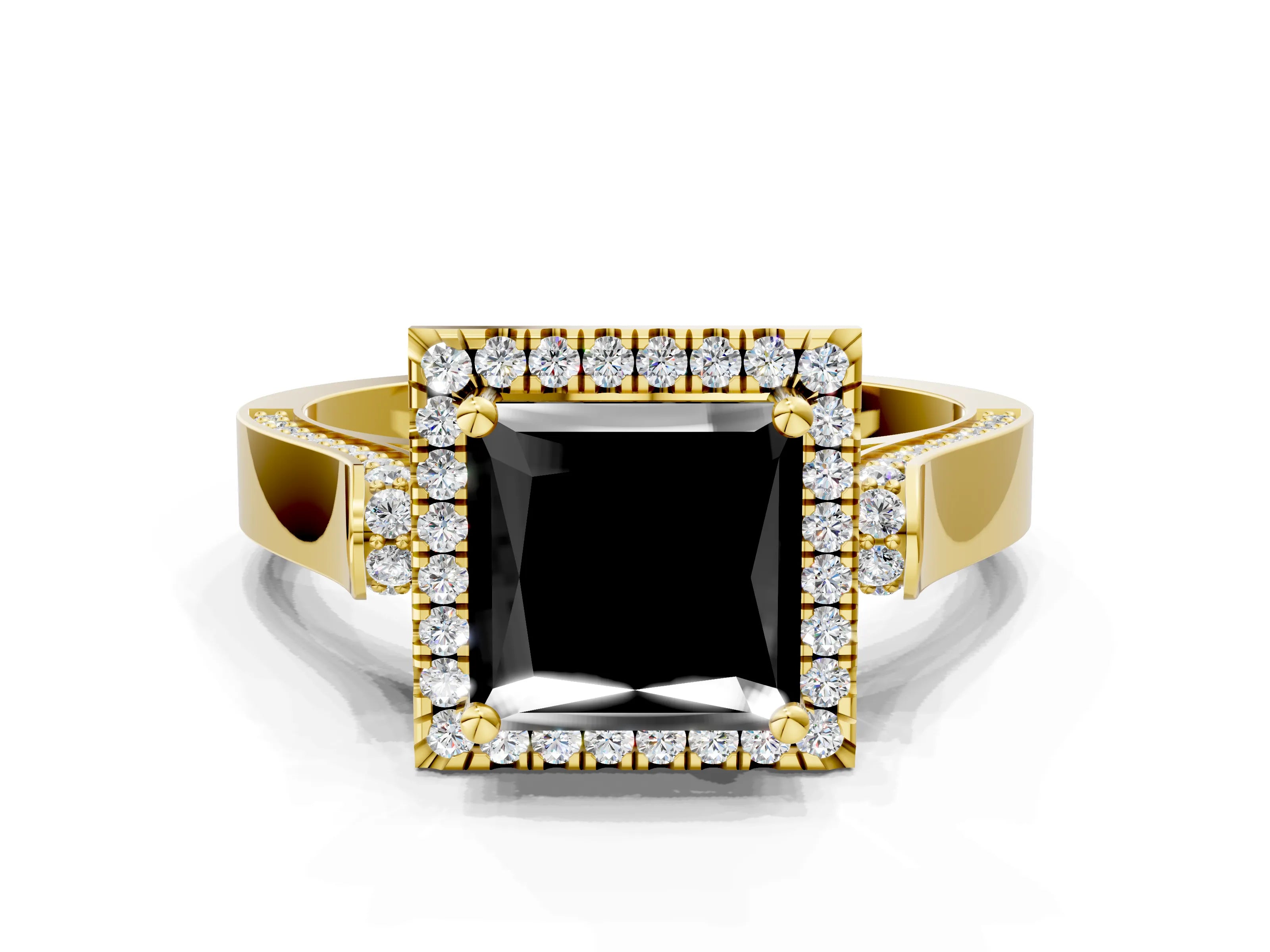 Yellow gold Fancy Black Princess Cut Halo Round Diamond Twist Band with Four-Prong Setting