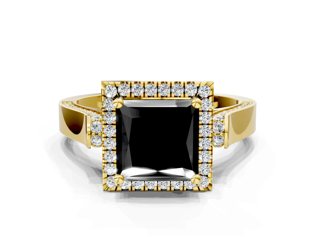 Yellow gold Fancy Black Princess Cut Halo Round Diamond Twist Band with Four-Prong Setting