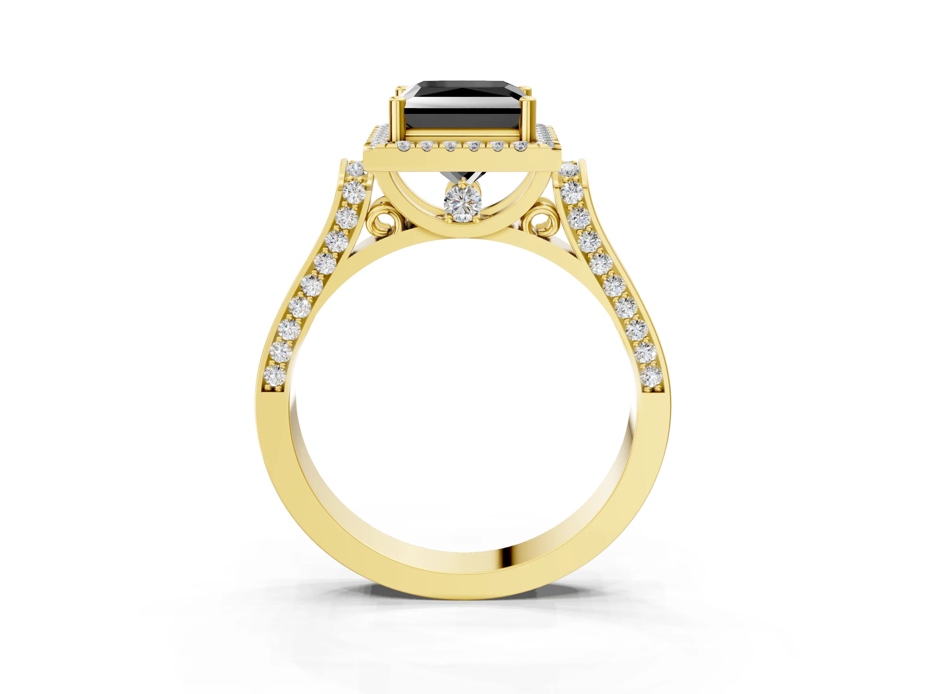 Yellow gold Fancy Black Princess Cut Halo Round Diamond Twist Band with Four-Prong Setting_3