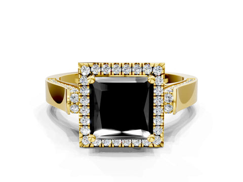 Yellow gold Fancy Black Princess Cut Halo Round Diamond Twist Band with Four-Prong Setting