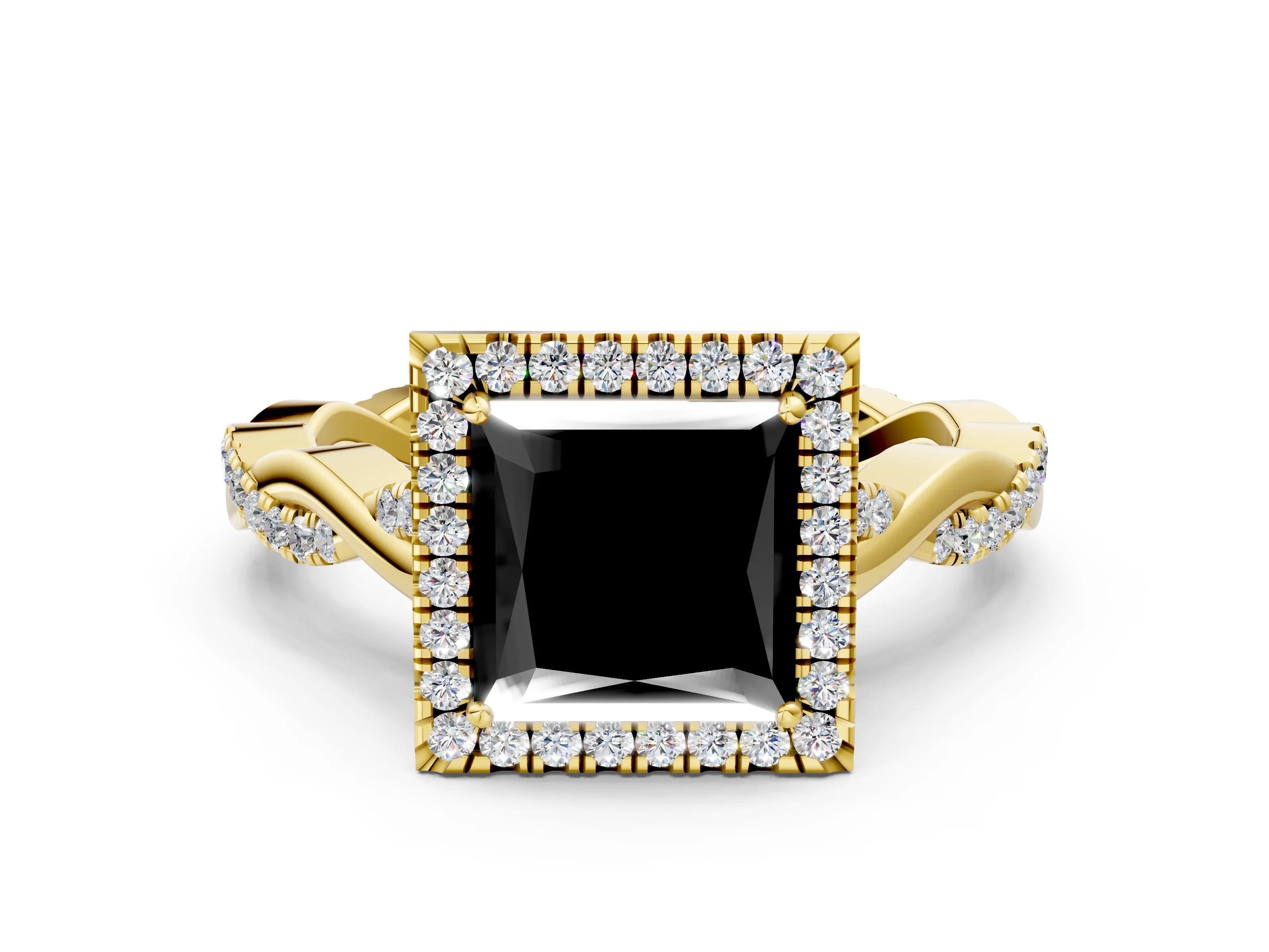 Yellow gold Fancy Black Princess Cut Halo Twist Band with Four-Prong Setting