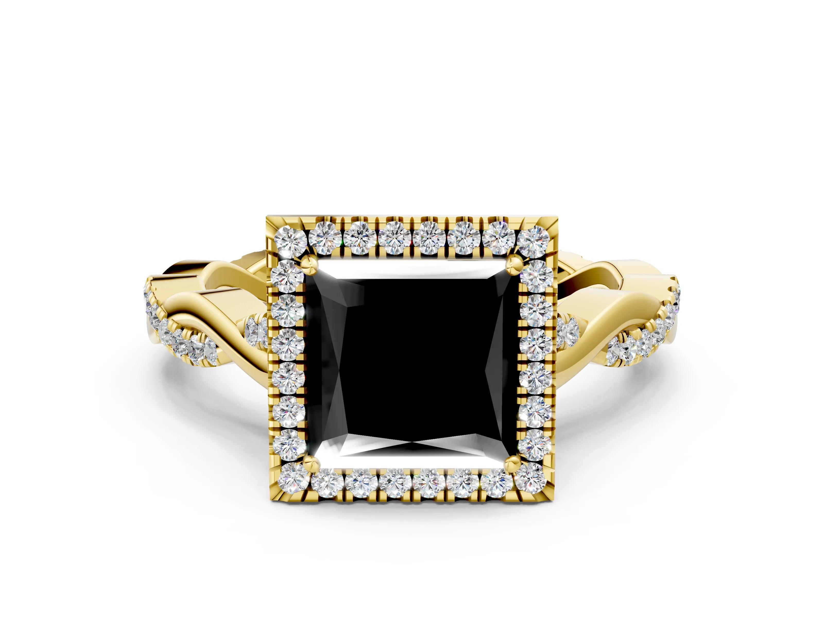Yellow gold Fancy Black Princess Cut Halo Twist Band with Four-Prong Setting_12