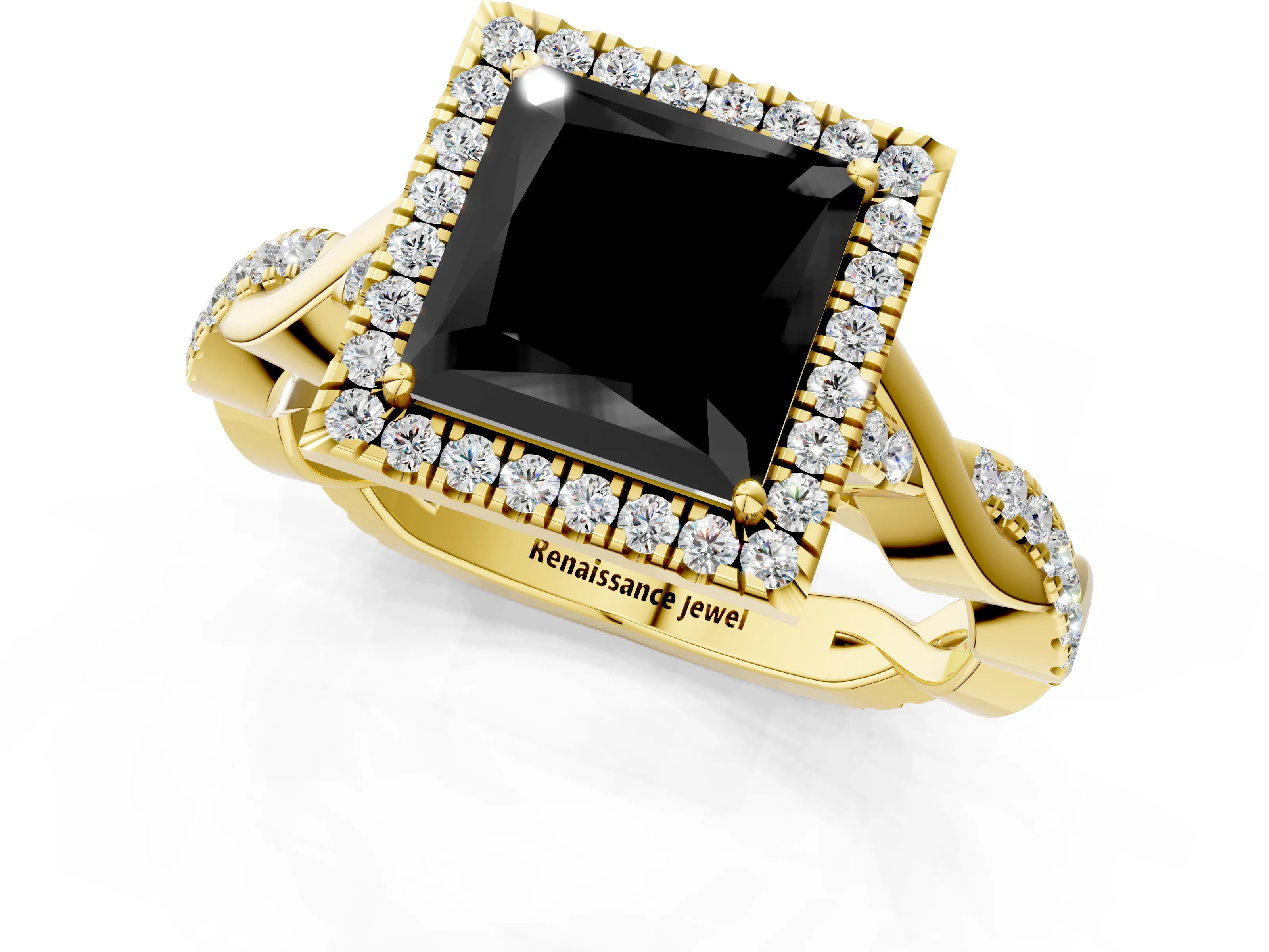 Yellow gold Fancy Black Princess Cut Halo Twist Band with Four-Prong Setting_13