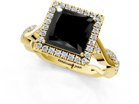 Yellow gold Fancy Black Princess Cut Halo Twist Band with Four-Prong Setting_13