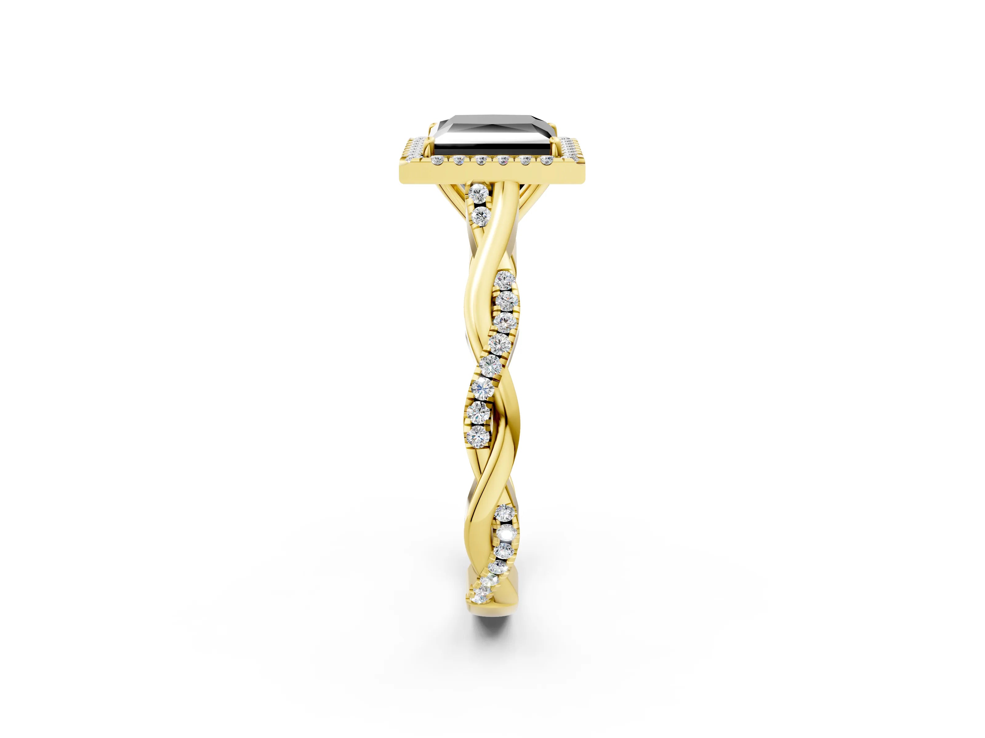 Yellow gold Fancy Black Princess Cut Halo Twist Band with Four-Prong Setting_14