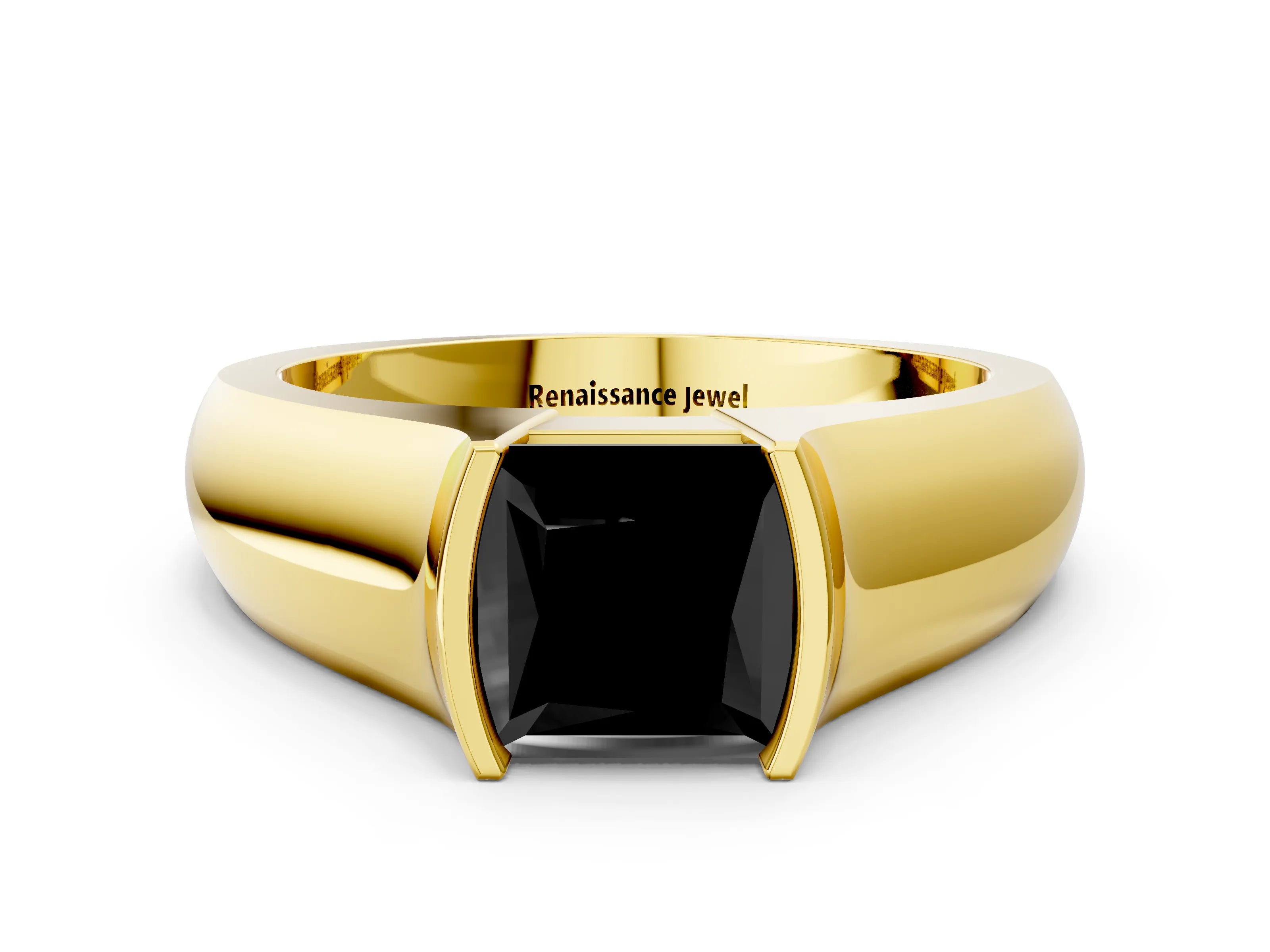 Yellow gold Fancy Black Princess Cut Solitaire Bezel Set Diamond Ring with Wide Band